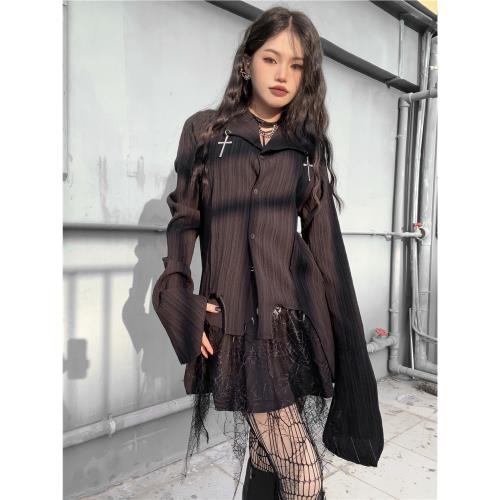 Miub日系亞文化襯衫女春夏不規則長袖襯衣暗黑設計感山本黑色上衣