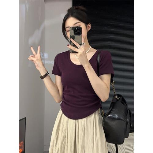 夏季新款設計感U領短袖t恤女收褶修身顯瘦打底衫內搭純色短款上衣