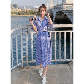 藍色條紋連衣裙女夏季2024新款法式小眾設計感氣質顯瘦腰帶襯衫裙