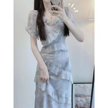 茶歇法式水墨畫藍色連衣裙女夏2025新款小個子高階感氣質雪紡長裙