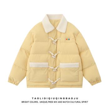 羊羔絨拼接羊角扣翻領加厚棉服女冬季甜美風別致百搭情侶保暖外套