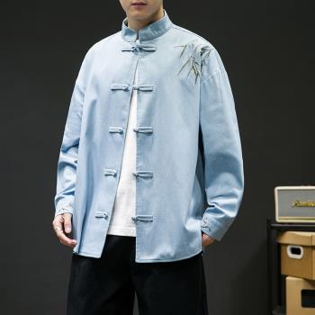 中國風刺繡牛仔襯衫男長袖中華立領中山襯衣秋冬季新中式盤扣唐裝