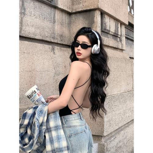 美式辣妹性感大露背連體吊帶背心女百搭黑色交叉綁帶美背外穿上衣