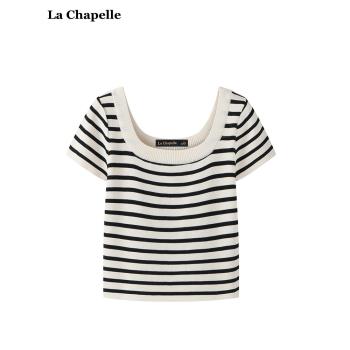 拉夏貝爾/La Chapelle法式U領針織短袖上衣女夏季薄款顯瘦條紋T恤