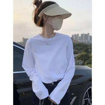 正肩長袖T恤女2024年新款早春季內搭純棉寬松白色打底衫女上衣純