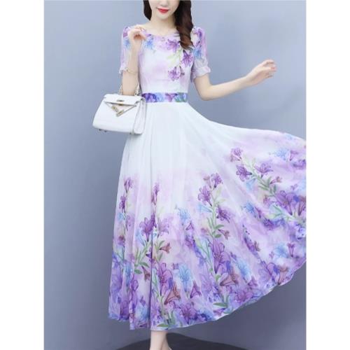 雪紡連衣裙夏季2025新款媽媽氣質名媛高端大擺中長款紫色仙女裙子