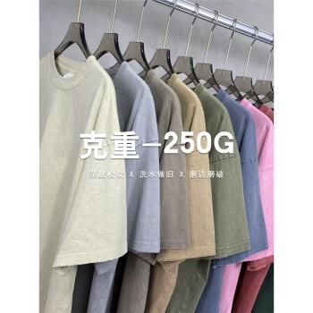個性都市美式復古vintage洗水做舊磨邊短袖oversize寬松t恤男女潮