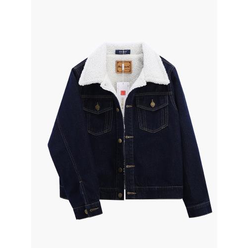 2024年冬季深藍正肩仿羊羔毛加絨加厚牛仔外套女短款韓版顯瘦棉服