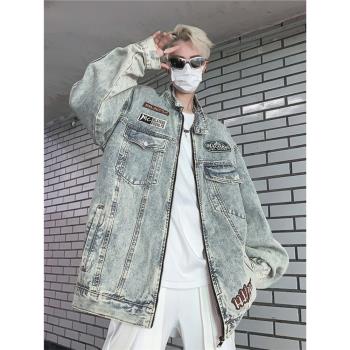 潮牌春秋寬松立領機車服牛仔外套