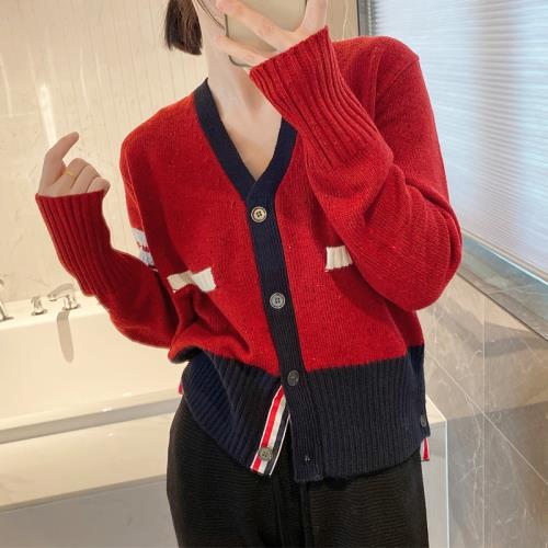 本命年紅色tb四道杠彩點拼色V領羊毛針織開衫外套女寬松25早秋新