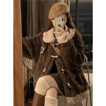 春節不打烊小香風牛角扣羊羔毛外套女冬季寬松加厚保暖毛絨絨棉衣