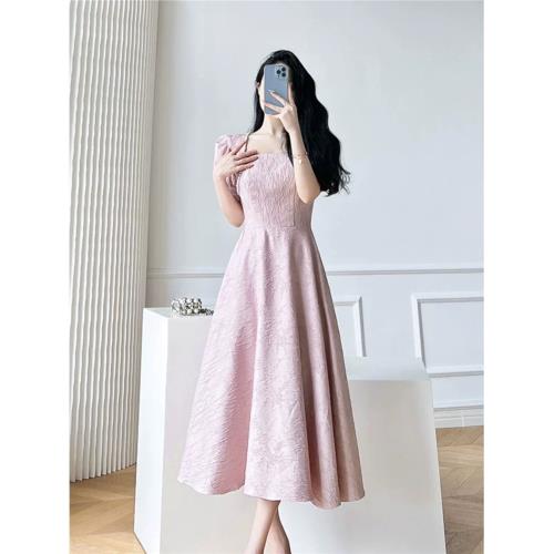 2025年夏季新款女裝法式甜美氣質女神范方領粉色小禮服連衣裙長裙