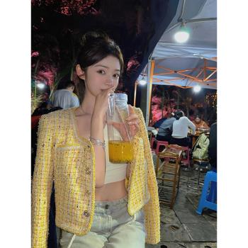 小香風黃色顯白粗花呢ins短外套