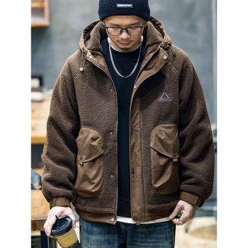 冬季顆粒絨連帽外套男寬松潮牌保暖棉衣男士潮流美式休閑棉服男款