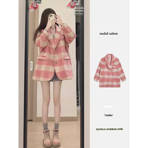 大衣女秋冬復古小個子慵懶風短款粉色格紋毛呢外套上衣設計感小眾