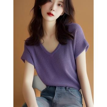 V領紫色t恤歐貨爆款漂亮針織短袖