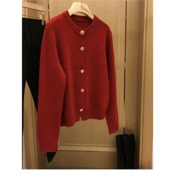 加厚圓領紅色針織外套羊絨開衫