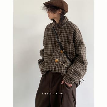 cityboy春秋日系復古長袖格子襯衫男學院風休閑寬松工裝襯衣外套