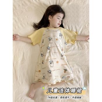 兒童睡裙女童A類純棉柔軟抗菌透氣睡衣中大童女孩夏季家居短袖裙
