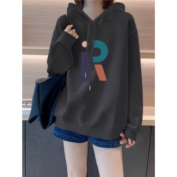 100%純棉衛衣女簡約休閑秋冬季加絨加厚寬松學生印花百搭連帽外套