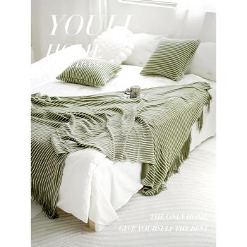日式北歐現代簡約針織毯條紋搭毯床尾巾民宿床旗沙發搭巾綠色黃色