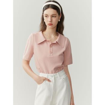 日系粉色polo領短袖T恤上衣女洋氣高級設計感小眾氣質職業襯衫夏
