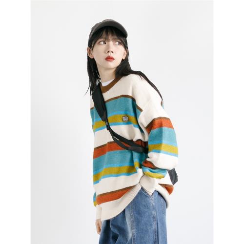 RCDB日系彩虹拼色條紋圓領套頭毛衣男女BF寬松情侶學生針織衫外套