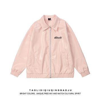 美式潮牌字母刺繡PU皮外套女秋季學院風寬松休閑百搭情侶夾克上衣