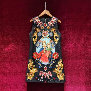 復古宮廷風印花背心裙輕奢高級感重工鑲鉆禮服高階無袖黑色連衣裙