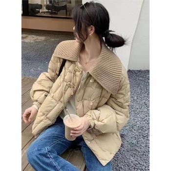 針織翻領輕薄羽絨棉服外套女小個子冬季高中生短款娃娃領拼接棉衣