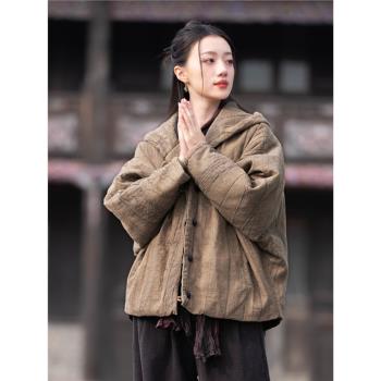 中國風復古盤扣棉襖連帽短款外套女款冬夾棉加厚禪意保暖棉服唐裝
