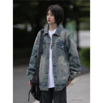 美式復古做舊水洗牛仔外套女中長款春秋男女情侶漸變工裝夾克上衣