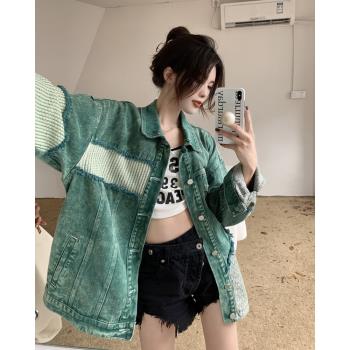 港風綠色流蘇牛仔外套女中長款春秋新款初高中生拼接撞色工裝夾克