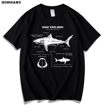 大白鯊解析圖鯊魚科學教育動物個性男士t恤上衣夏季寬松短袖純棉