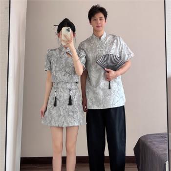 國風短袖男式唐裝改良旗袍上衣裙套裝新中式情侶學生畢業演出班服