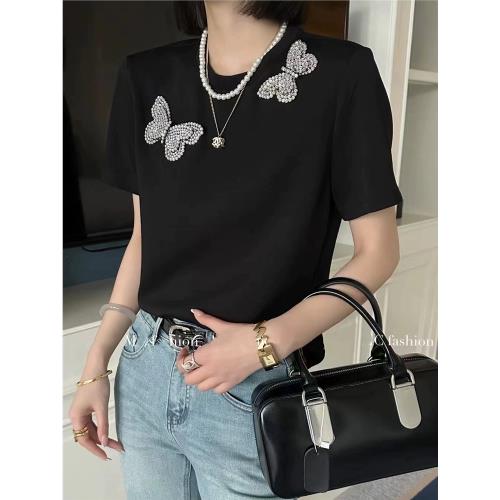 歐貨2025春夏新款精致通圓領釘鉆蝴蝶短袖T恤女圓領百搭體恤上衣