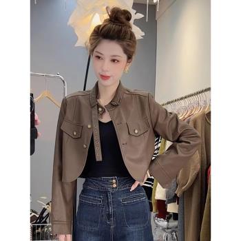 2024秋冬新款立領皮衣短外套女寬松顯瘦設計感小眾機車風夾克上衣