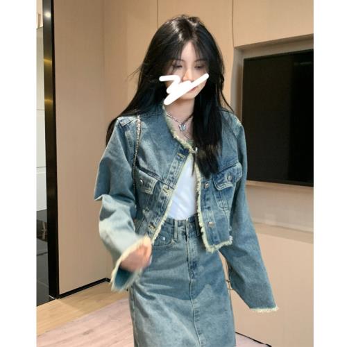 圓領毛邊短款牛仔外套設計感小眾女春秋季百搭小個子藍色夾克上衣