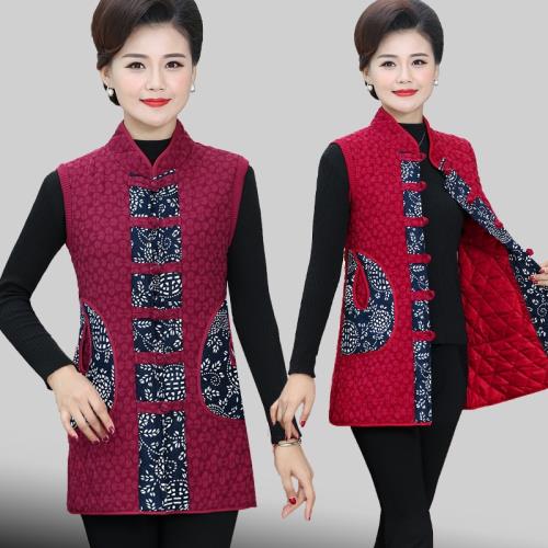 中年馬甲女秋冬裝加棉坎肩民族風唐裝刺繡立領棉馬夾媽媽裝小棉衣