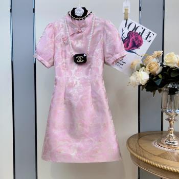 國風粉色盤扣設計感顯瘦旗袍裙