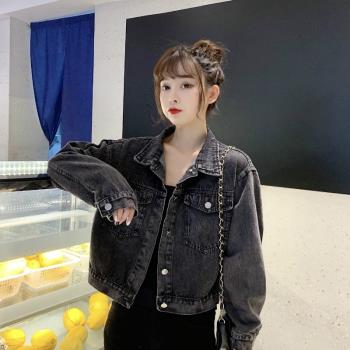 黑色牛仔外套女短款春秋季韓版新款小個子初中生純色工裝夾克上衣