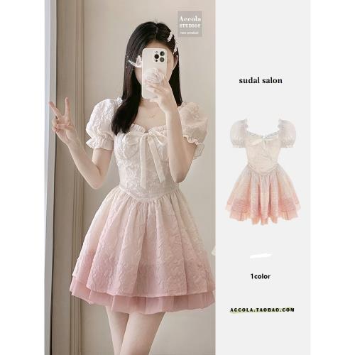 白桃烏龍 甜美漸變粉公主連衣裙夏季法式小個子收腰顯瘦仙女裙子