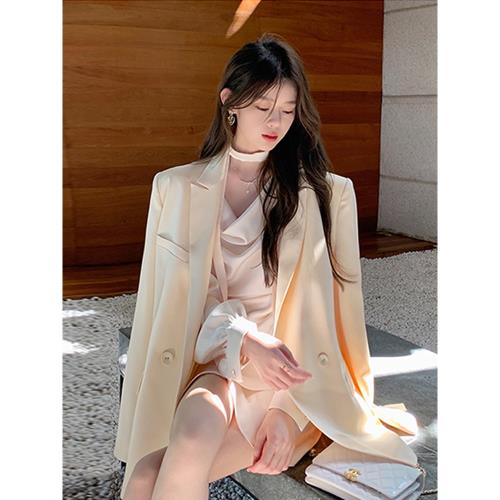 2025春秋高級感香檳色醋酸緞面小西裝外套女寬松光澤質感休閑西服