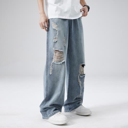 美式街頭破洞牛仔褲女春季2025新款潮牌寬松直筒闊腿長褲子拖地褲