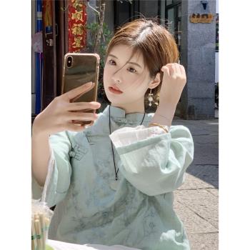 新中式文藝少女茶服旗袍上衣女春季長袖高階感復古連衣裙子兩件套