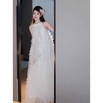 法式新娘結婚晨袍睡裙白色輕婚紗禮服伴娘網紗連衣裙露背仙女長裙