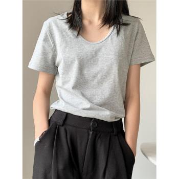 高階感螺紋純棉正肩U領t恤女短袖夏季新款寬松百搭顯瘦純色上衣潮