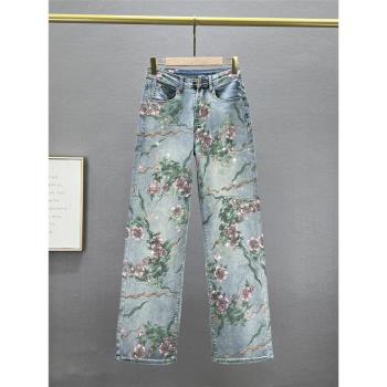 印花燙鉆牛仔褲女加長褲2024年新款春季高腰寬松顯瘦國風闊腿褲潮