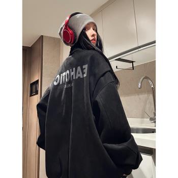 歐美hiphop麂皮絨外套女2025新款潮牌休閑情侶立領工裝飛行員夾克