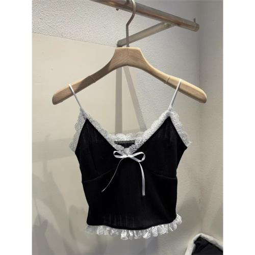 韓國東大門2025春夏新款氣質蕾絲邊拼接蝴蝶結吊帶背心女修身上衣